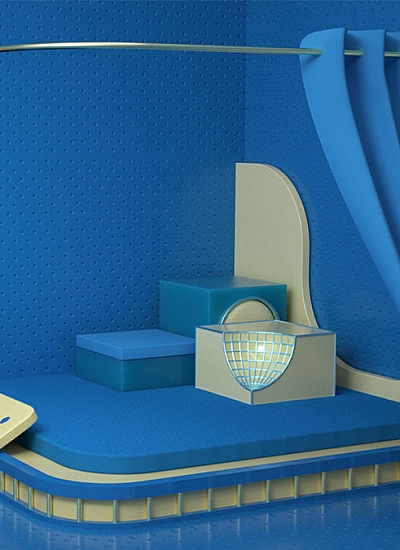 C4D00020蓝色遮帘方台商场景C4D工程文件